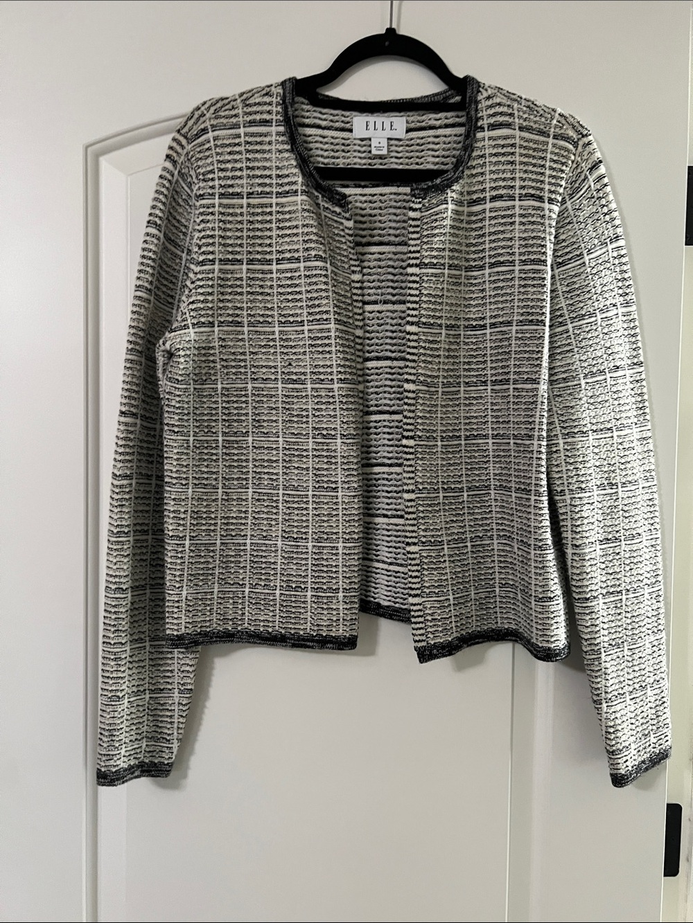 ELLE Black and White Tweed Collarless Open Jacket